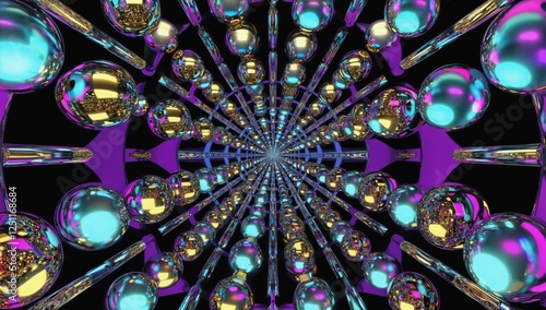 Abstract tunnel of iridescent spheres, futuristic design, possible use in graphic design photo