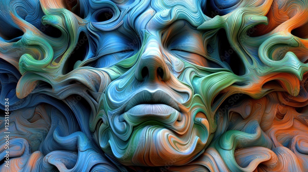 Serene abstract face, swirling colors, calm background, meditation art Serene abstract face, swirling colors, calm background, meditation art