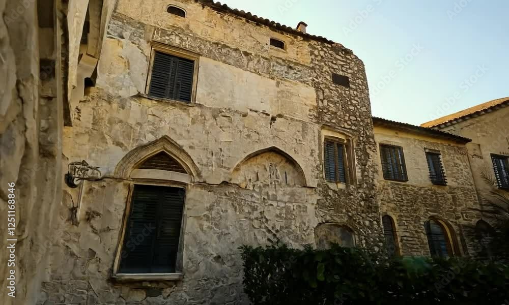 A slow pan shot of an old, stone building with arched windows and shutters. The sun shines brightly, casting a warm glow on the building.