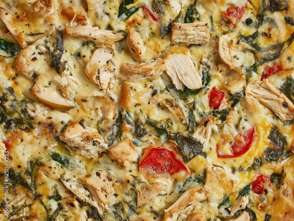 Close-Up of Sliced Chicken Quiche with Mixed Vegetables on Top Close-Up of Sliced Chicken Quiche with Mixed Vegetables on Top