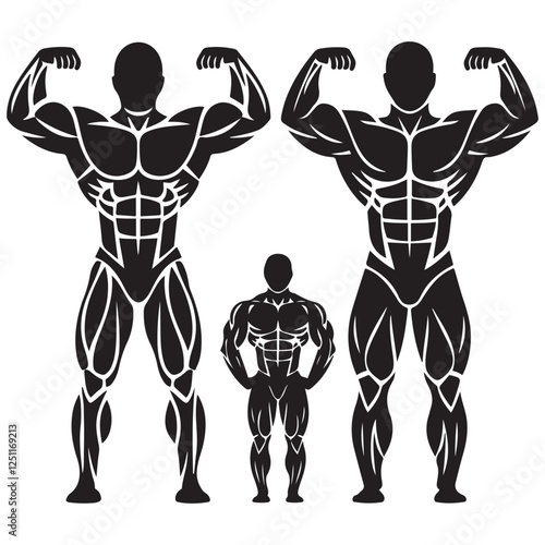 Bodybuilder icon. Man silhouette of a strong man, athlete icon. Body building muscles. Vector illustration