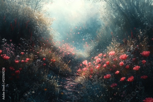 Wallpaper Mural A serene pathway stretches through a meadow filled with colorful flowers, illuminated by gentle morning light and surrounded by lush greenery Torontodigital.ca
