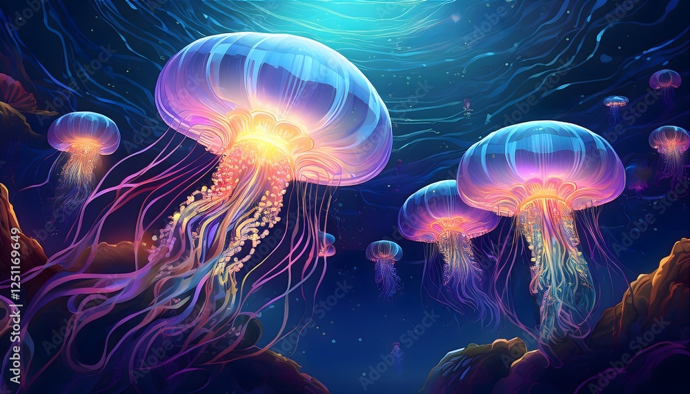 Naklejka premium A surreal underwater wallpaper featuring glowing, bioluminescent jellyfish.