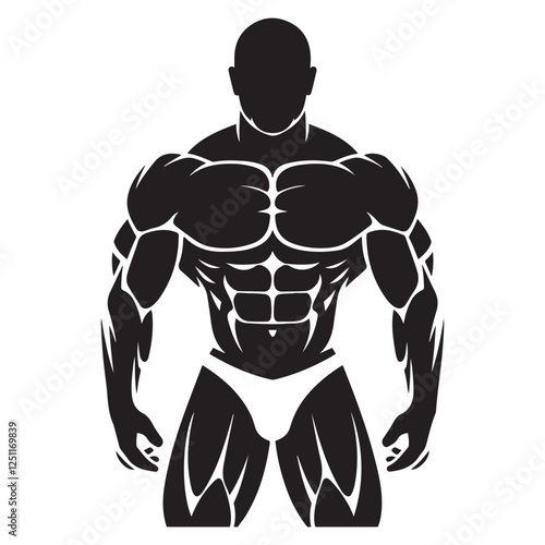 Bodybuilder icon. Man silhouette of a strong man, athlete icon. Body building muscles. Vector illustration