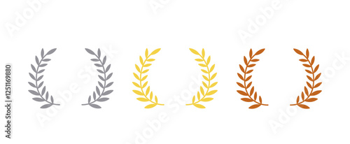 gold silver bronze laurel wreath medal award set. Colorful leaf floral luxury champion emblem icon set.