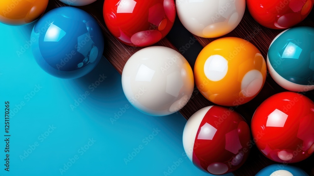 A close-up view of vibrant billiard balls arranged neatly on a bright blue table, emphasizing their glossy finishes and showcasing the excitement of recreational billiards. A close-up view of vibrant billiard balls arranged neatly on a bright blue table, emphasizing their glossy finishes and showcasing the excitement of recreational billiards.