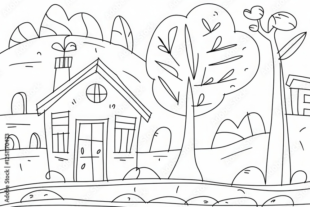 Obraz premium Charming House in a Quaint Landscape: A Simple Line Art Drawing
