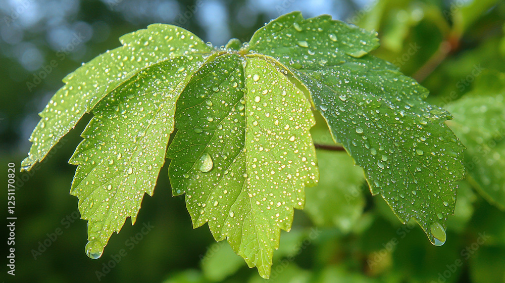 Dewy green leaves on a branch in a sunlit garden, ideal for nature backgrounds Dewy green leaves on a branch in a sunlit garden, ideal for nature backgrounds