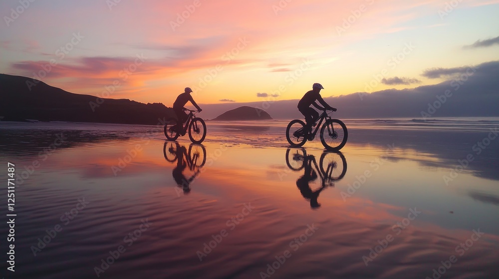 Fototapeta premium Sunset beach cycling, friends ride, coastal reflection, leisure activity