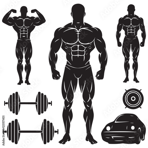Bodybuilder icon. Man silhouette of a strong man, athlete icon. Body building muscles. Vector illustration