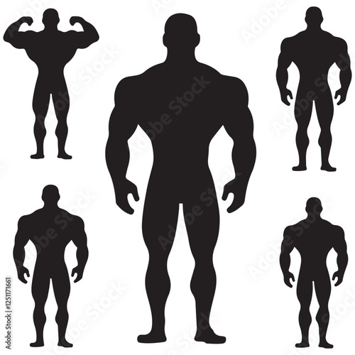 Bodybuilder icon. Man silhouette of a strong man, athlete icon. Body building muscles. Vector illustration