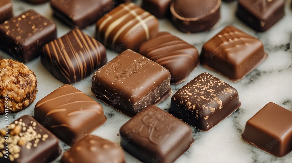 Realistic close-up of assorted gourmet chocolates on a marble surface, rich brown tones and elegant packaging Realistic close-up of assorted gourmet chocolates on a marble surface, rich brown tones and elegant packaging