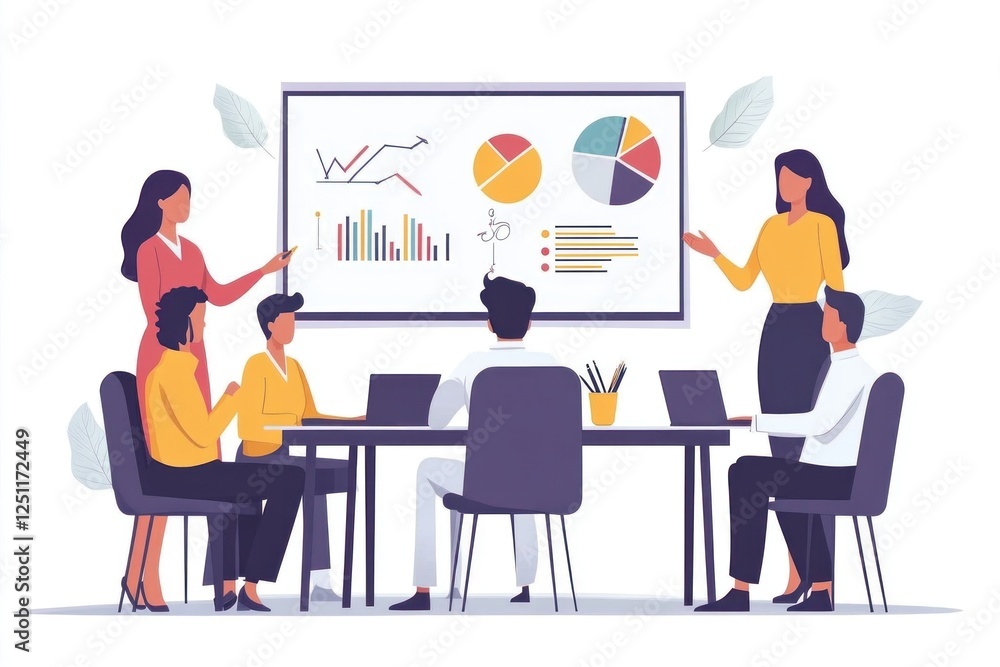 A Thai salesman engages an audience while presenting on a whiteboard filled with graphs and charts, fostering collaboration in a meeting A Thai salesman engages an audience while presenting on a whiteboard filled with graphs and charts, fostering collaboration in a meeting