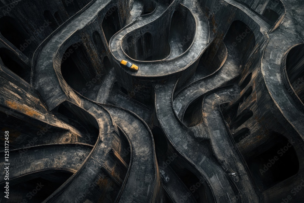 A solitary yellow car winds through a complex concrete labyrinth with intricate paths and curves, set beside a flowing river A solitary yellow car winds through a complex concrete labyrinth with intricate paths and curves, set beside a flowing river