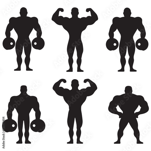 Bodybuilder icon. Man silhouette of a strong man, athlete icon. Body building muscles. Vector illustration