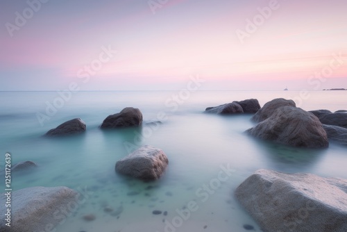 Coastal landscape at sunset with calm waters and smooth rocks along the shoreline