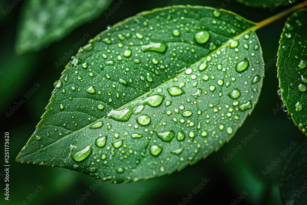Water drops cling to a lush green leaf, reflecting soft light. Water drops cling to a lush green leaf, reflecting soft light.