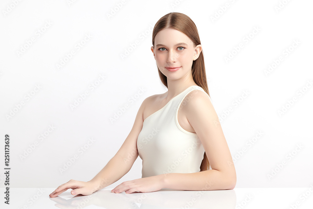Beautiful young woman with clean fresh skin on white background, Face care, Facial treatment, Cosmetology, beauty and spa, women portrait. Beautiful young woman with clean fresh skin on white background, Face care, Facial treatment, Cosmetology, beauty and spa, women portrait.