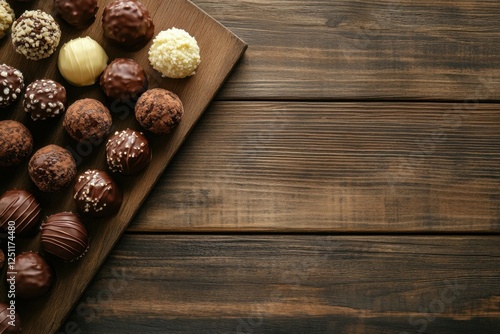 Decadent chocolate truffles displayed on rustic wooden board high-angle shot gourmet dessert photography cozy kitchen environment inviting presentation concept
