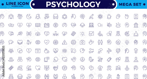 Psychology and mental line icons collection. Big UI icon set in a flat design. Set of positive thinking icon. Containing self-care, optimism, be loved, healthy lifestyle. Editable stroke outline icon.
