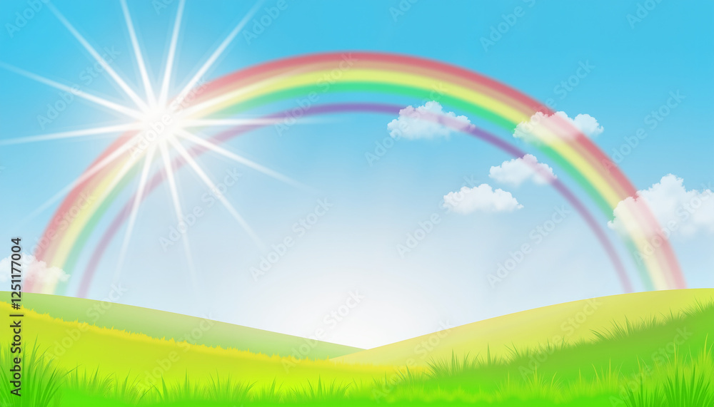 Radiant sun illuminating rainbow over green hills, serene beauty Radiant sun illuminating rainbow over green hills, serene beauty