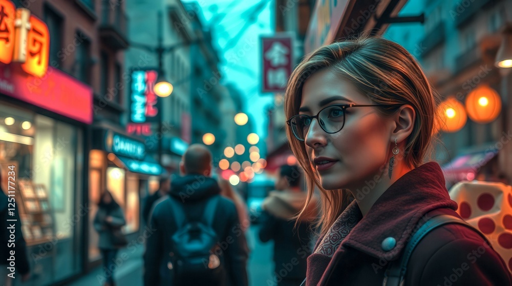 Fototapeta premium A woman wearing glasses stands in a busy city street. She is looking at the camera. The street is filled with people and there are many signs on the buildings. The scene is bustling and lively