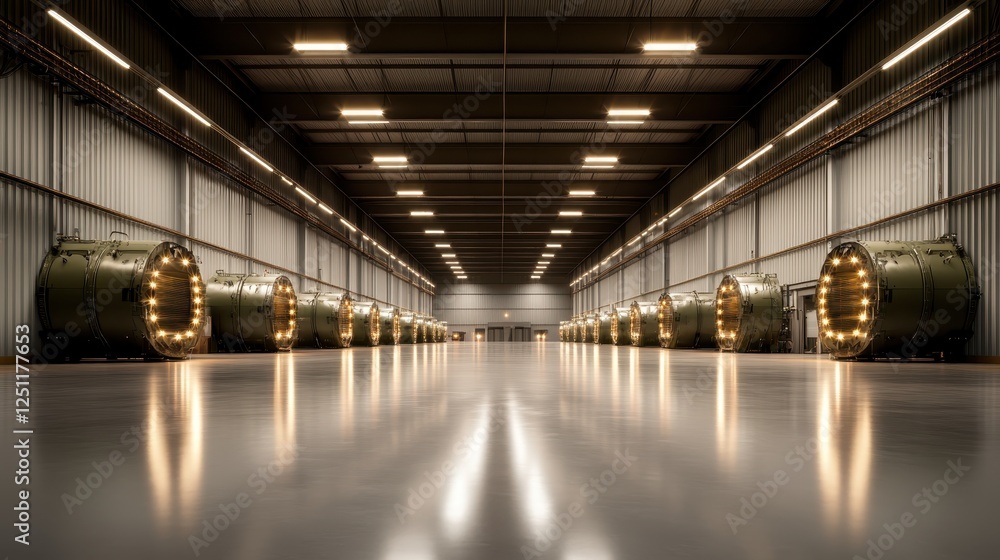 This image showcases illuminated military transport vehicles aligned in a well-organized hangar, highlighting their advanced design and functional purpose for defense. This image showcases illuminated military transport vehicles aligned in a well-organized hangar, highlighting their advanced design and functional purpose for defense.