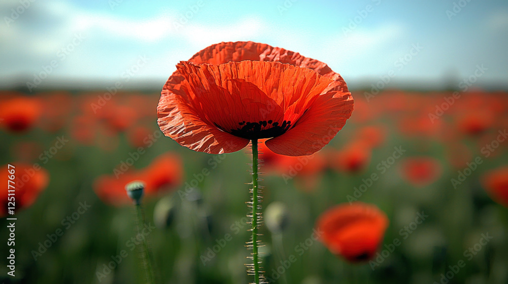 Naklejka premium Single red poppy in field, sunny day, blurred background, floral nature image