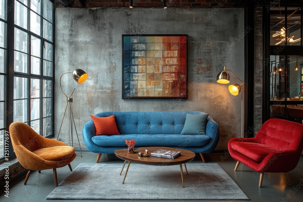 Fototapeta premium A vibrant living room showcases a blue sofa, red chair, and orange armchair, illuminated by warm lighting against a rustic wall