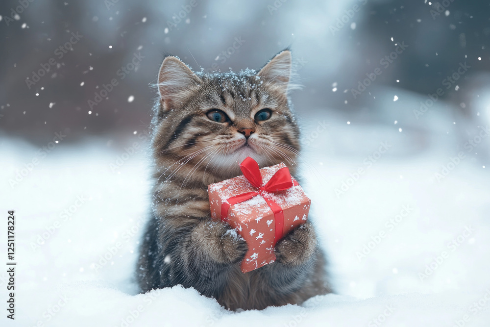 Cat with red present box in snow, looking curiously at the gift. Cat with red present box in snow, looking curiously at the gift.