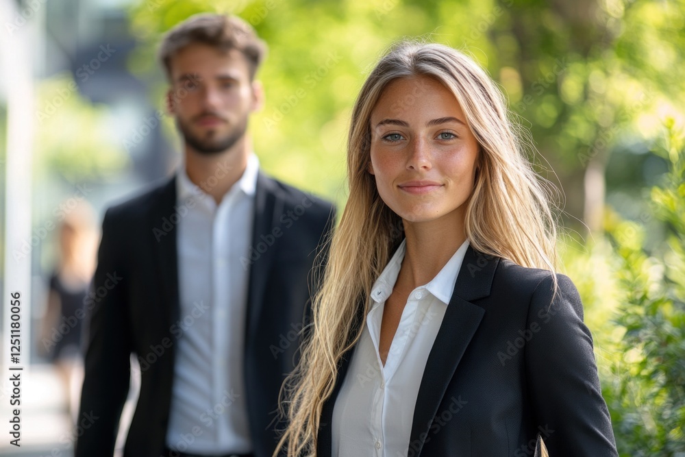 Group of professionals dressed in suits stands outside contemporary office buildings, showcasing teamwork and readiness for business opportunities Group of professionals dressed in suits stands outside contemporary office buildings, showcasing teamwork and readiness for business opportunities