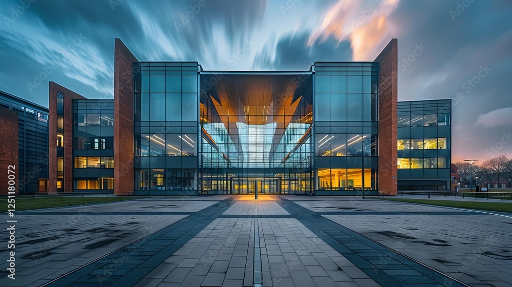 Large modern office building with glass windows and sleek architecture under a bright blue sky, highlighting contemporary urban design and innovation Large modern office building with glass windows and sleek architecture under a bright blue sky, highlighting contemporary urban design and innovation