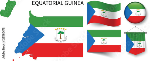 The different designs of Equatorial Guinea's national flags and the map showing Equatorial Guinea's borders