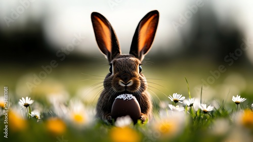 Easter bunny with chocolatedipped ears sitting in a field of daisies, playful and creative springtime concept photo