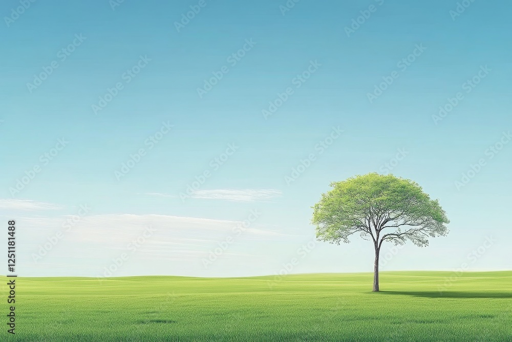 Fototapeta premium Lone Tree in Sunny Savanna - A single tree stands in a vast green field under a clear blue sky, symbolizing solitude, resilience, hope, peace, and nature's beauty.