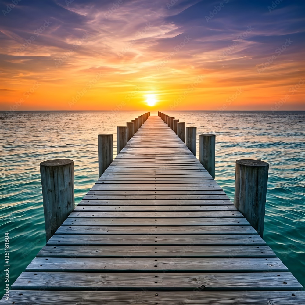 Fototapeta premium A peaceful pier extending into the ocean, with the sun setting in the background, Ai Generated