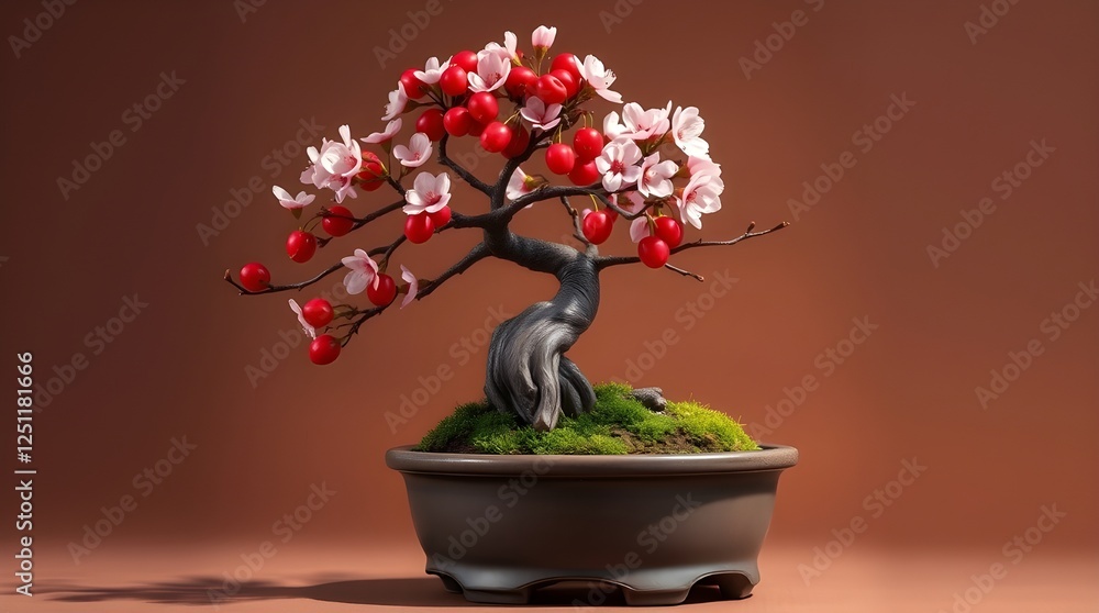 A Stunning Display of a Bonsai Cherry Tree Laden with Vibrant Cherry Fruits, Surrounde A Stunning Display of a Bonsai Cherry Tree Laden with Vibrant Cherry Fruits, Surrounde