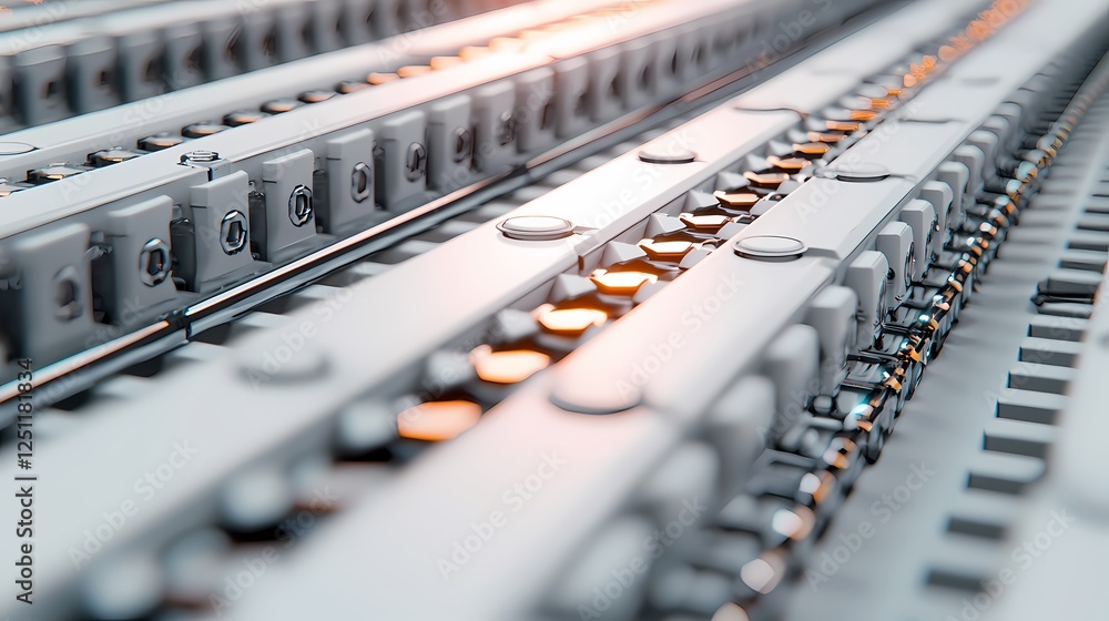 A close-up view of a sleek, modern electronic circuit board with metallic components and illuminated features. A close-up view of a sleek, modern electronic circuit board with metallic components and illuminated features.