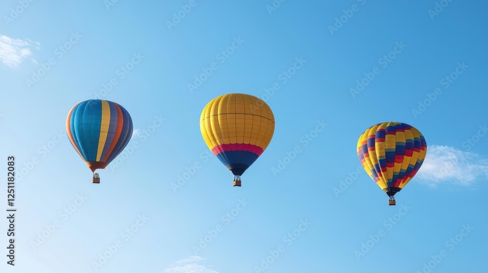 Three Colorful Hot Air Balloons In Blue Sky Three Colorful Hot Air Balloons In Blue Sky