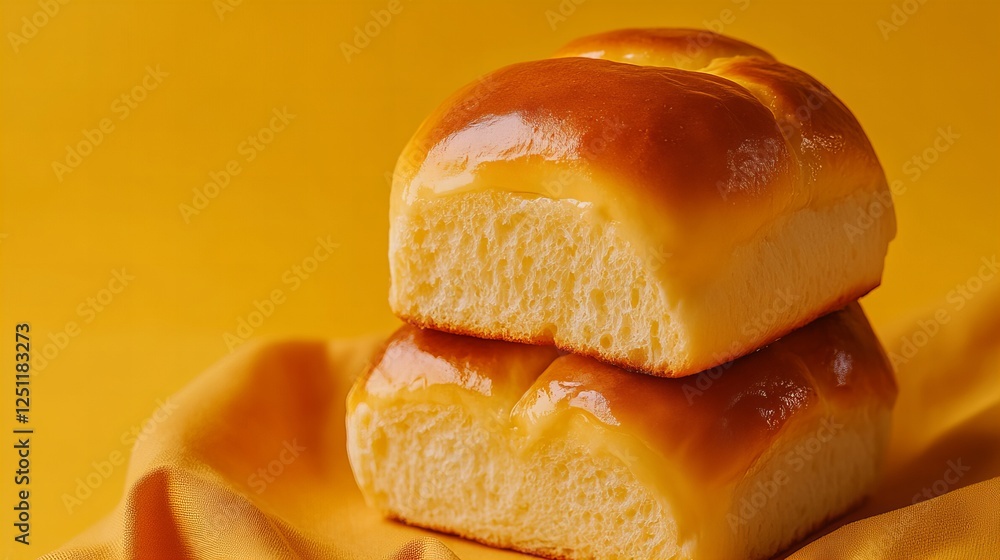 Two golden-brown buns stacked on a yellow cloth, bathed in warm light. Two golden-brown buns stacked on a yellow cloth, bathed in warm light.
