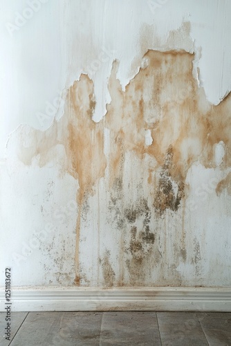Close-up of a wall stained with water infiltration, showing saltpeter or mold formation due to potassium nitrate in building materials reacting with oxygen and creating excess moisture.