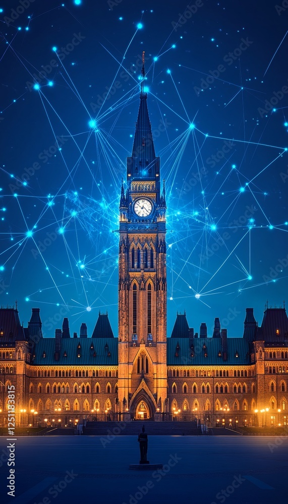 Fototapeta premium Parliament Hill at Night, Ottawa Canada, Connected in Digital Network, Technology Concept