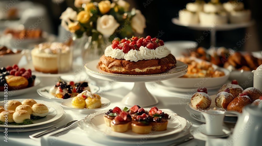 Luxurious Easter feast with an elegant table setting, gourmet dishes, and intricately designed Easterthemed desserts Luxurious Easter feast with an elegant table setting, gourmet dishes, and intricately designed Easterthemed desserts