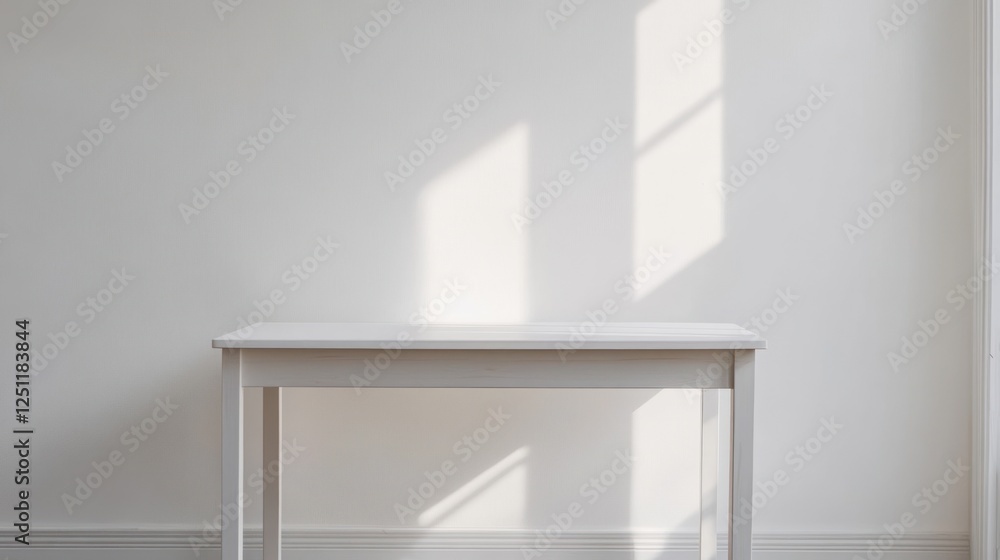 Fototapeta premium Minimalist white table casting shadows in bright room