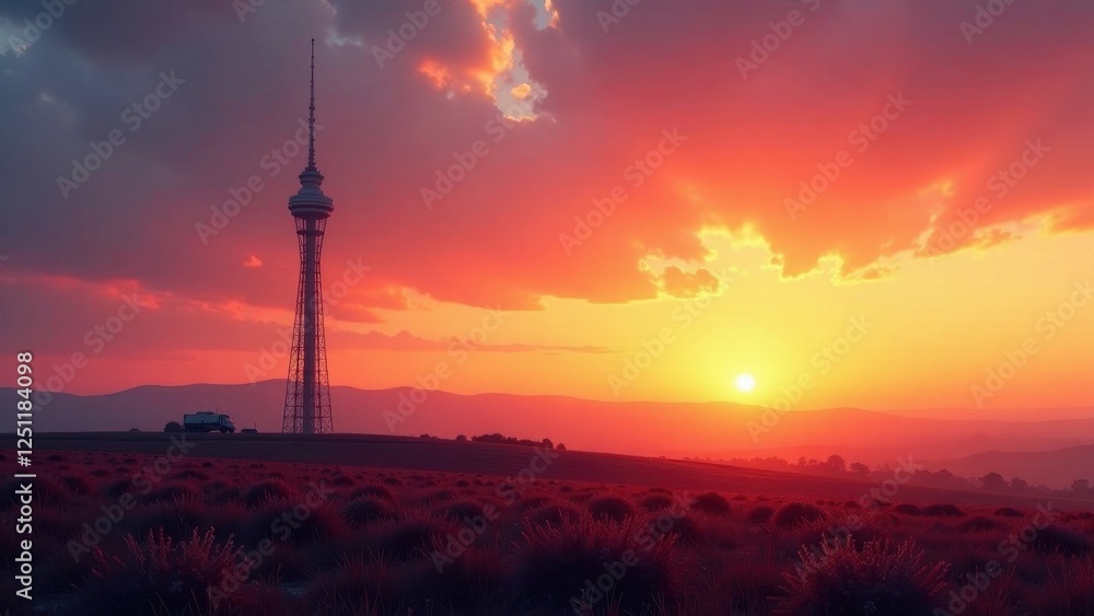 Serene Sunset Landscape Featuring a Tall Communication Tower and a Vehicle on a Distant Rural Road Serene Sunset Landscape Featuring a Tall Communication Tower and a Vehicle on a Distant Rural Road