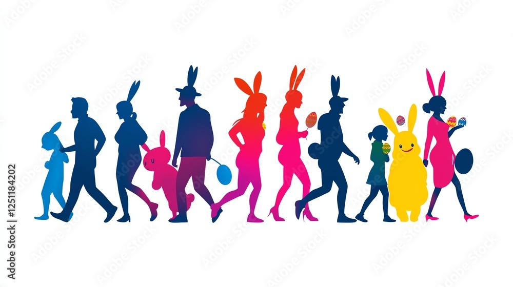 Obraz premium a vibrant Easter parade with people in bunny costumes, festive and fun, flat vector illustration, isolated on white background
