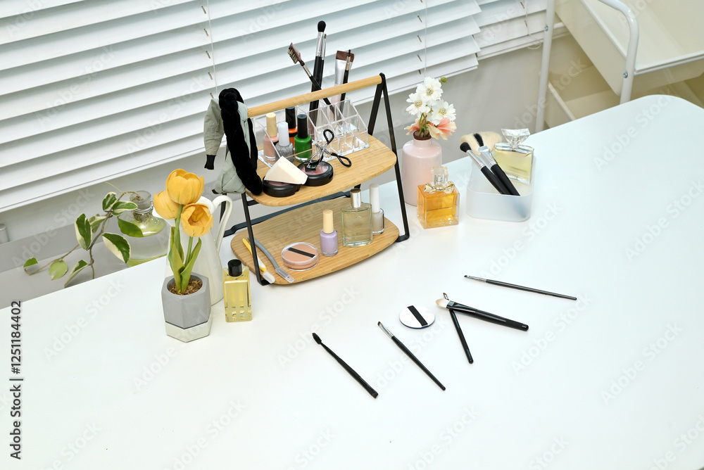 Various cosmetics and objects on a vanity table for a woman to do her makeup
Various cosmetics and objects on a vanity table for a woman to do her makeup