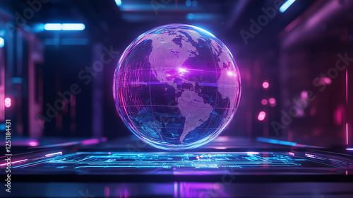 Glowing semi-transparent holographic globe above dark surface, digital data streams, network connections, circuit patterns, cool blue and violet lighting, futuristic IT branding visualization.