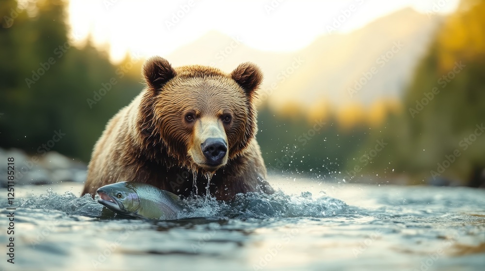 An action-packed moment capturing a grizzly bear emerging from the stream with a fish, showcasing the thrill of survival in the wild and the beauty of nature.