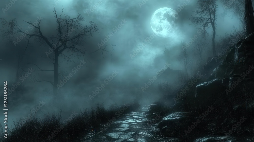 Moonlit Forest Path, Misty Night, Mysterious Scene, Halloween Background Moonlit Forest Path, Misty Night, Mysterious Scene, Halloween Background